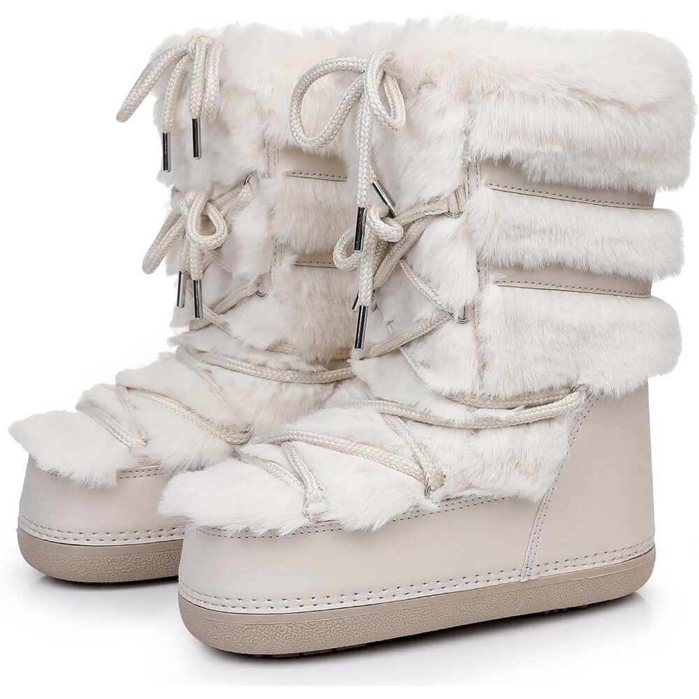 Furry Faux Fur Boots Women Water Resistant Fluffy Mid-Calf Winter Shoes